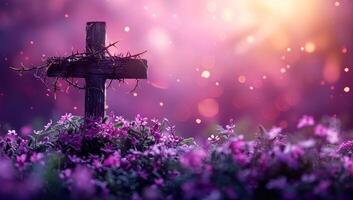 AI generated Wooden cross on the meadow with purple flowers and bokeh photo