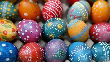 AI generated Vibrant collection of hand painted Easter eggs with intricate designs and patterns photo