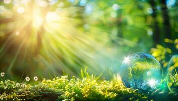 AI generated Globe on Grassy Field with Sunbeams and Lens Flare. Environmental Conservation and Sustainable Living Concept. photo