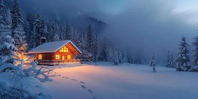 AI generated Winter landscape in the mountains. Wooden house in the Carpathians. photo
