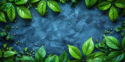 AI generated Green leaves with water drops on dark blue background. Top view. photo