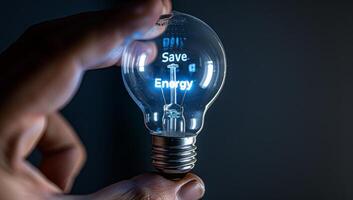 AI generated Conceptual image of a hand holding a lightbulb with the words Save energy photo