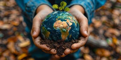 ai generado ecología concepto. tierra globo en el manos de un niño. salvar el planeta y tierra día concepto foto