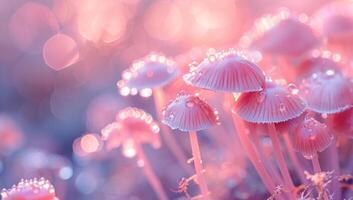 AI generated Macro photo of pink mushrooms in a forest with a beautiful blurred background.