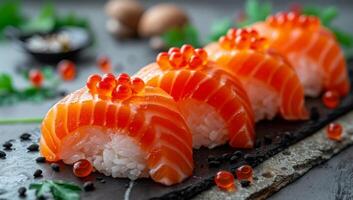 ai generado salmón Sushi - japonés comida estilo en oscuro antecedentes foto