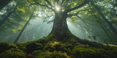 ai generado hermosa verde bosque con Dom rayos brillante mediante el antiguo árbol. foto