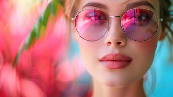 ai generado de cerca retrato de un hermosa joven mujer en rosado Gafas de sol. belleza, moda. foto