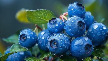AI generated Close up of ripe and juicy blueberries covered with water drops. Concept of fresh organic berries and healthy eating. photo