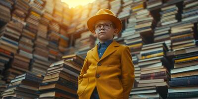 ai generado un chico en amarillo traje y sombrero rodeado por pilas de libros en biblioteca o librería. concepto de conocimiento, sabiduría, para toda la vida aprendiendo, y literario pasión. foto