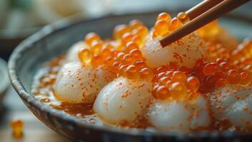 AI generated Close up view of salmon roe and scallops in a bowl with chopsticks photo