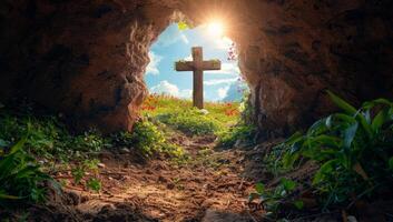 AI generated Cross in the cave. Christian cross in the cave. Religion concept photo