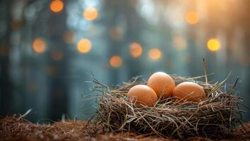 AI generated Brown chicken eggs in nest on forest floor with blurred lights, representing natural organic food, Easter, or new beginnings photo