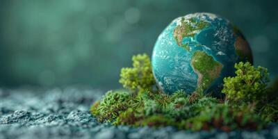 AI generated Planet Earth with green trees and moss growing on rocky surface against blurred background. Concept of global ecology, climate change, environmental protection, and sustainability photo