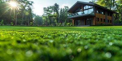 AI generated Luxury villa on the green grass with sun light. photo