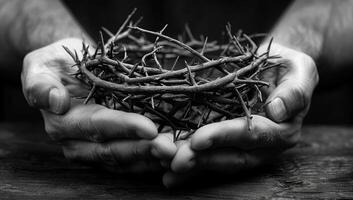 AI generated Black and white image of a crown of thorns held in hands. photo