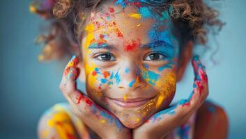 ai generado retrato de un hermosa pequeño niña con pintar en su rostro. foto