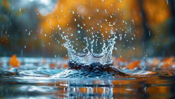 ai generado otoño chapoteo, vibrante gotas de lluvia chocando en caído hojas foto