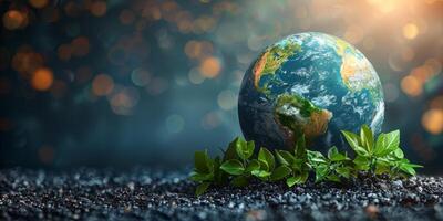 AI generated Earth Day concept, image of a planet Earth with green leaves growing out of the ground in front of it. photo