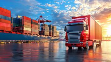 AI generated Truck with container cargo freight ship in harbor at sunset for Logistic Import Export background photo