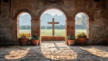 AI generated Stone archway with cross in distance photo