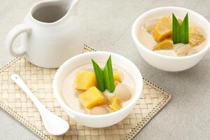 Kolak Ubi, Indonesian traditional dessert, made from sweet potato, coconut milk, sugar and pandanus leaves. photo