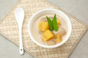 Kolak Ubi, Indonesian traditional dessert, made from sweet potato, coconut milk, sugar and pandanus leaves. photo