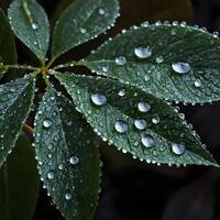 AI generated Fresh Dew Drops Glistening on Vibrant Green Leaves in Early Morning Light photo