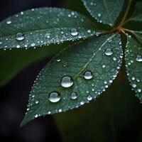 AI Generated Fresh Dew Drops Glistening on Vibrant Green Leaves in Early Morning Light photo