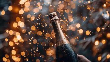 AI generated Celebration background with champagne bottle and golden bokeh. photo