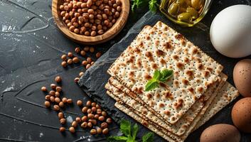 AI generated Matzo for Passover celebration with eggs, nuts, and olives on rustic background. Traditional Jewish unleavened bread and ingredients for Seder meal. photo