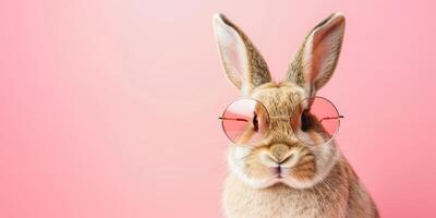 AI generated Cute bunny in sunglasses on color background, closeup. Space for text photo