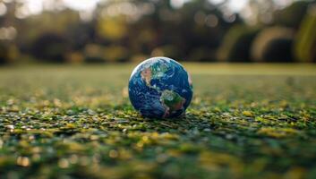 AI generated Earth globe on grassy field, environmental conservation and sustainability concept. Protecting our fragile planet from climate change and pollution photo