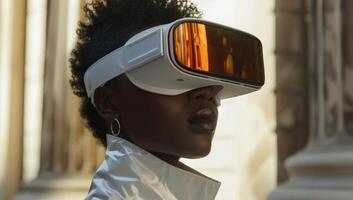 AI generated African american woman wearing virtual reality goggles. photo