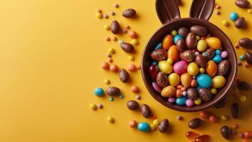 AI generated Colorful chocolate Easter eggs in a bowl photo