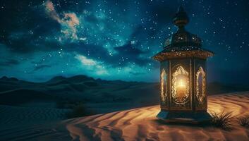 AI generated Lantern in the desert at night. Ramadan Kareem background photo