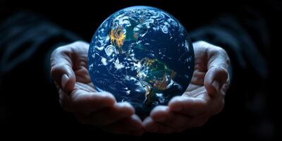 AI generated Hands holding planet Earth globe, environmental conservation concept. Protecting our world, global awareness, and sustainability. photo