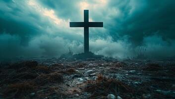 AI generated Cross in the cemetery. Halloween concept. 3D Rendering. photo