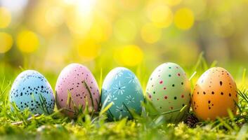 AI generated Colorful Easter eggs nestled in green grass with bokeh background. Spring holiday celebration concept. photo