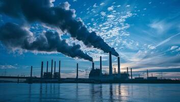 AI generated Industrial landscape with smoking chimneys of power plant and blue sky photo