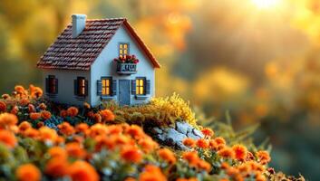 ai generado miniatura casa en un cubierto de musgo colina con flores en el antecedentes foto