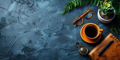 AI generated Coffee cup, notebook, glasses and plant on dark background photo