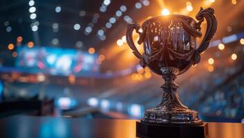 AI generated Close up of a silver trophy cup on a table with blurred stadium lights in the background. Concept of winning, achievement, success, and victory. photo