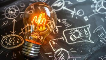 AI generated Light bulb on blackboard background. Concept of idea and innovation. photo