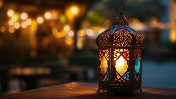 AI generated Lantern in a restaurant at night. Ramadan Kareem. photo