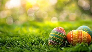 AI generated Colorful Easter eggs nestled in green grass with sunlight bokeh. Spring holiday celebration concept. photo