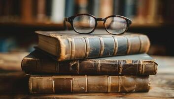 AI generated Vintage glasses resting on antique books in a cozy library setting. Concept of knowledge, wisdom, and literary exploration. photo