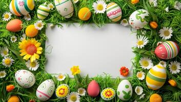 AI generated Easter eggs and flowers on green grass background. Easter frame with colorful eggs, daisies, and tulips. Copy space for text. photo