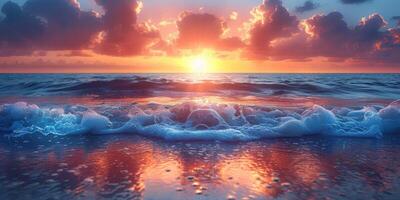 AI generated Sunrise illuminates waves crashing on a serene sea shore photo