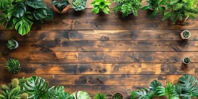 AI generated Top view of houseplants on wooden background with copy space. photo