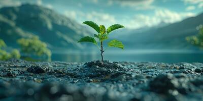 AI generated Vibrant green seedling sprouting from rocky ground against majestic mountain landscape. Concept of growth, resilience, and environmental renewal. photo